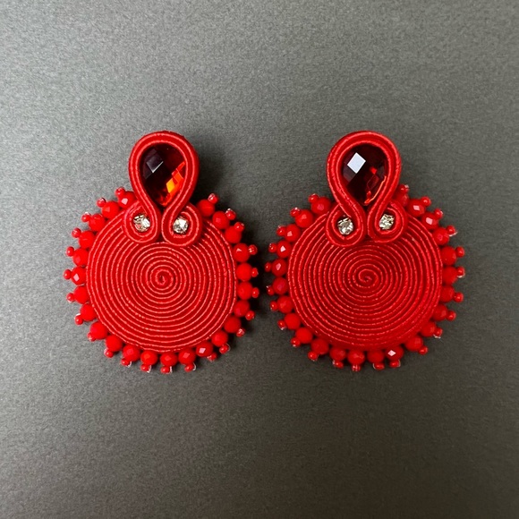 Red Round Elegant Dangle Earrings - Stylish Glam Earrings - Trendy Earrings - Picture 3 of 7
